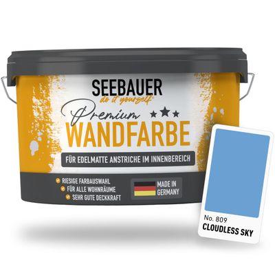 SEEBAUER DIY Blue Interior Wall Paint, 2.5 L (No. 809 Cloudless Sky) — Elegant Matte, Washable, Drip-Free, Very High Coverage