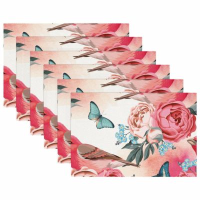 Fabric Placemats, Washable, 6-Piece Set, Pink Floral Design