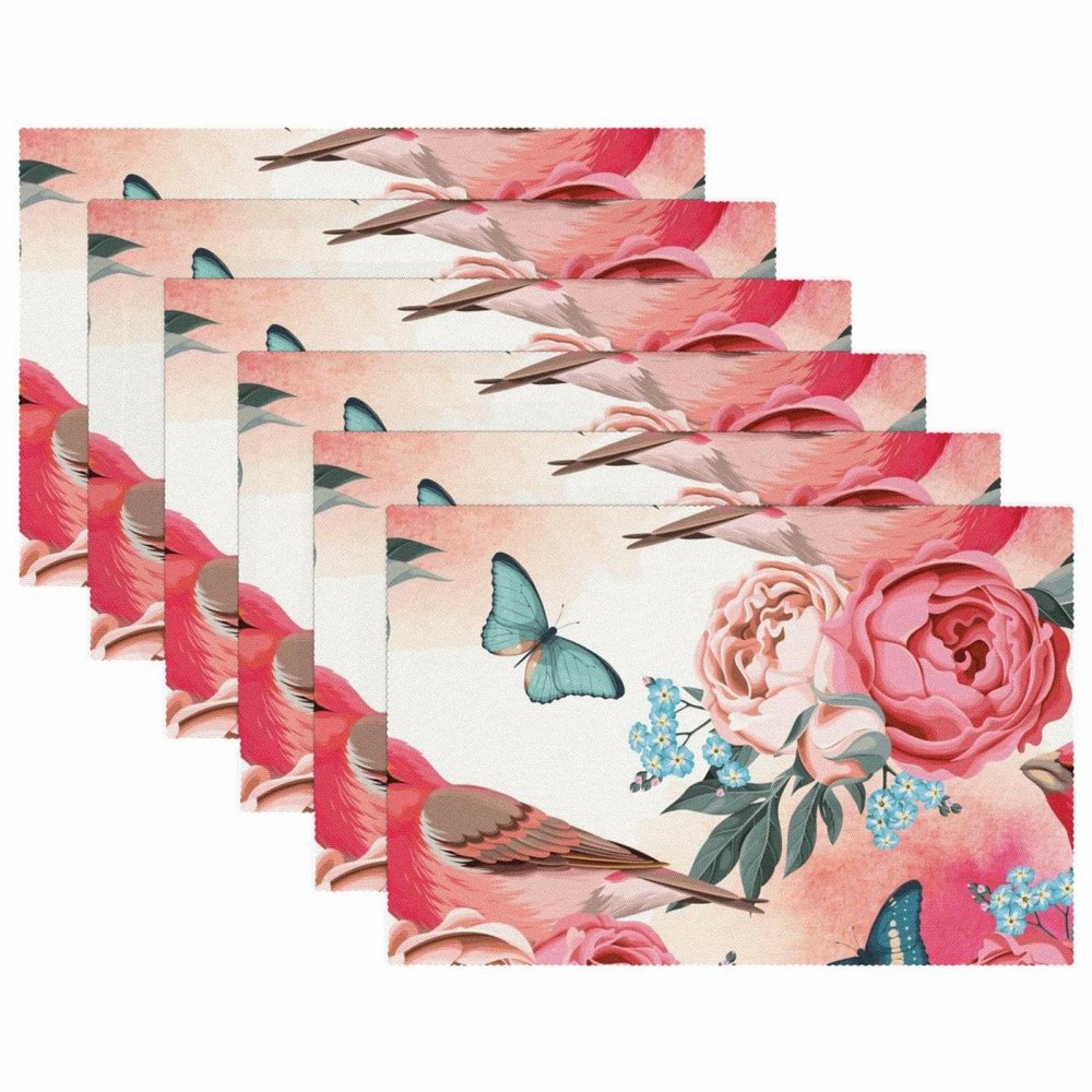 Fabric Placemats, Washable, 6-Piece Set, Pink Floral Design