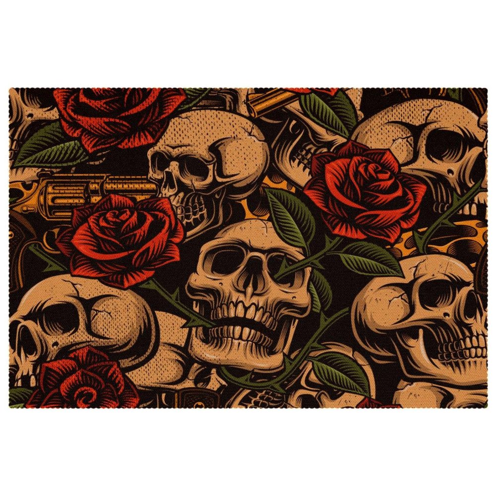 Set of 4 Washable Dining Table Placemats, Vintage Skull Rose Flower Pattern