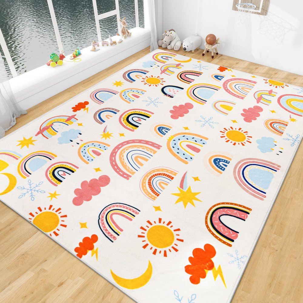 LTKOUGFAM Soft Kids' Rug, Washable Rainbow Weather Design, Non-Slip, 150 x 198 cm