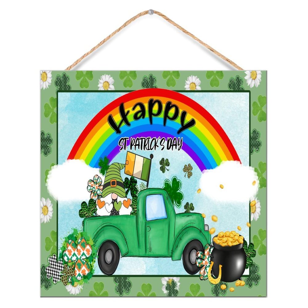 St. Patrick's Day Green Shamrock Gnomes Truck Wood Sign, Rustic Lucky Clover Wreath Decoration, 12 x 12 in