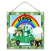 St. Patrick's Day Green Shamrock Gnomes Truck Wood Sign, Rustic Lucky Clover Wreath Decoration, 12 x 12 in view 1