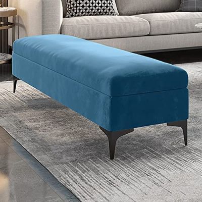 Velvet Storage Bench with Upholstered Seat, Blue, 80 x 40 x 43 cm