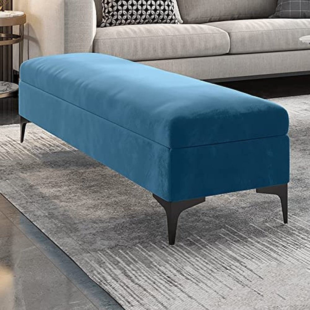 Velvet Storage Bench with Upholstered Seat, Blue, 80 x 40 x 43 cm