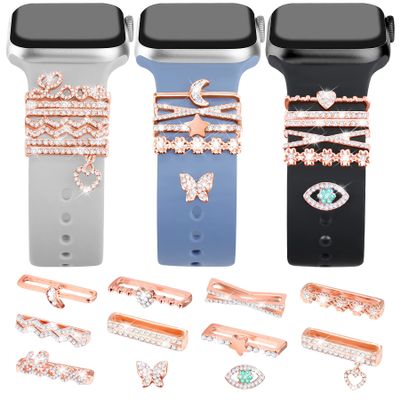JR.DM 11-Piece Super Bling Watch Charm Set with 9 Decorative Rings and 2 Stud Accents, Compatible with Apple Watch Bands 38/40/41/42/44/45 mm, Metal Diamond Sliders