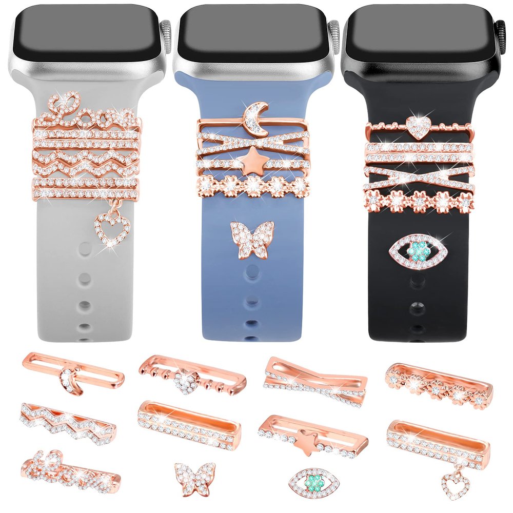JR.DM 11-Piece Super Bling Watch Charm Set with 9 Decorative Rings and 2 Stud Accents, Compatible with Apple Watch Bands 38/40/41/42/44/45 mm, Metal Diamond Sliders