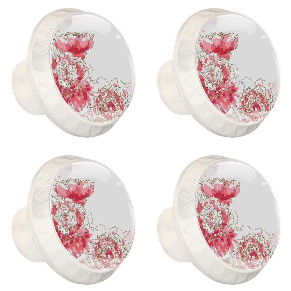 TBOUOBT 4-Pack Kitchen Cabinet Knobs, Drawer Knobs for Modern Cabinet Doors, Red Peony Floral Design