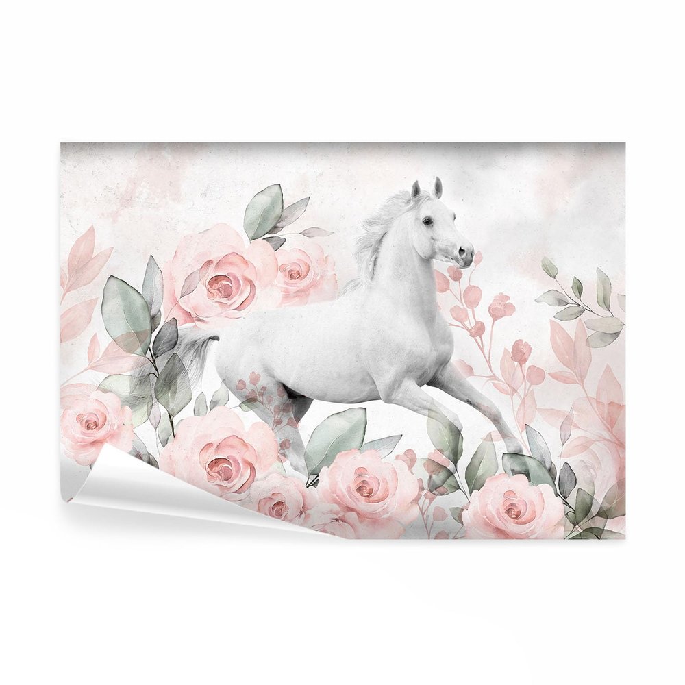decomonkey Premium Horse Photo Wallpaper, 150 x 105 cm, Pink Roses, Flowers and Concrete