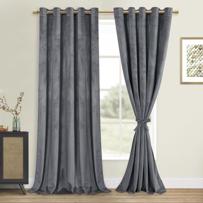 DWCN Extra-Wide Gray Velvet Curtains, 84 in Long, Blackout Grommet Panels with Tie-Backs
