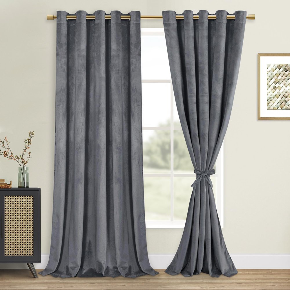 DWCN Extra-Wide Gray Velvet Curtains, 84 in Long, Blackout Grommet Panels with Tie-Backs