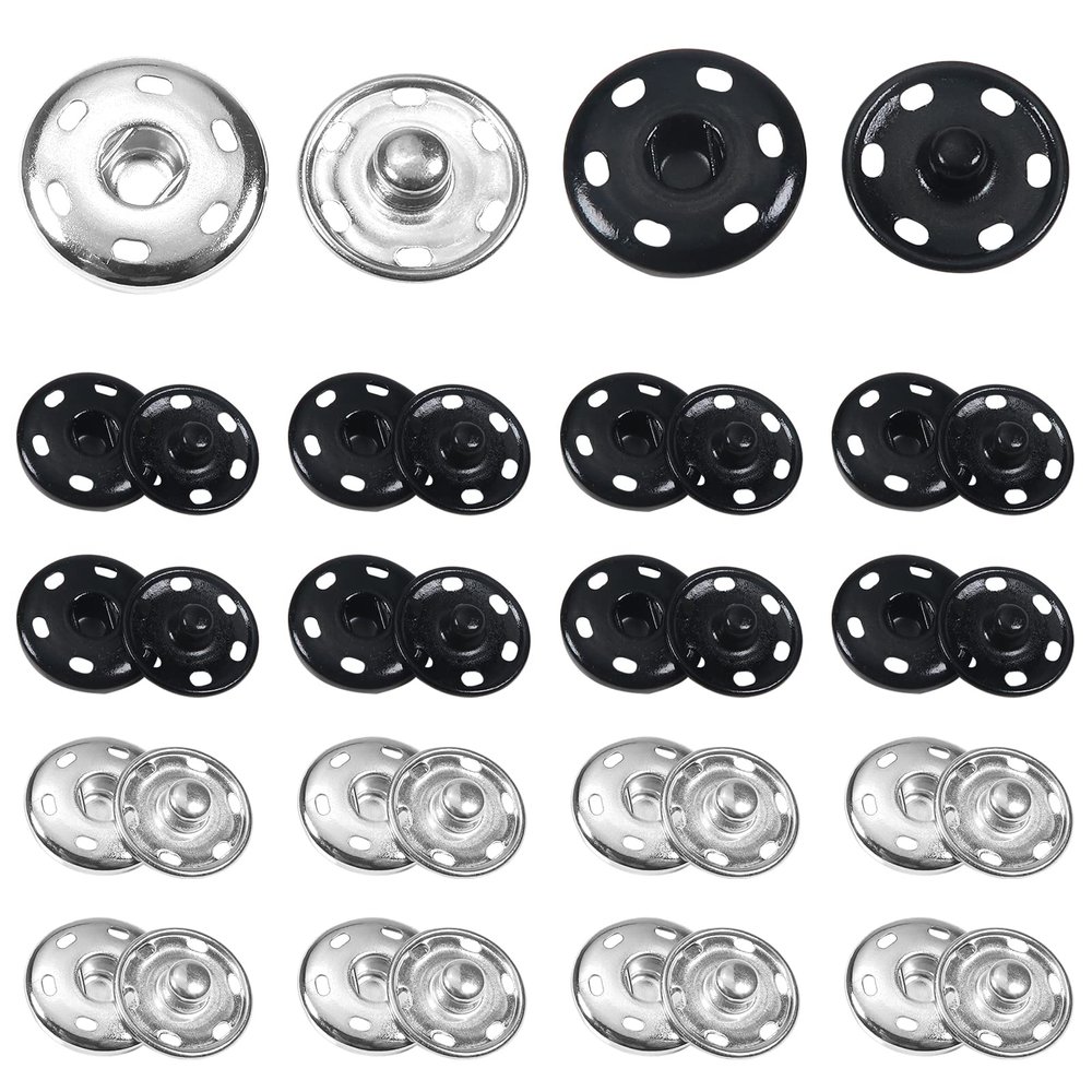 TOAOB 24 Sets Sew-On Snap Buttons, 21 mm Metal, Black and Silver