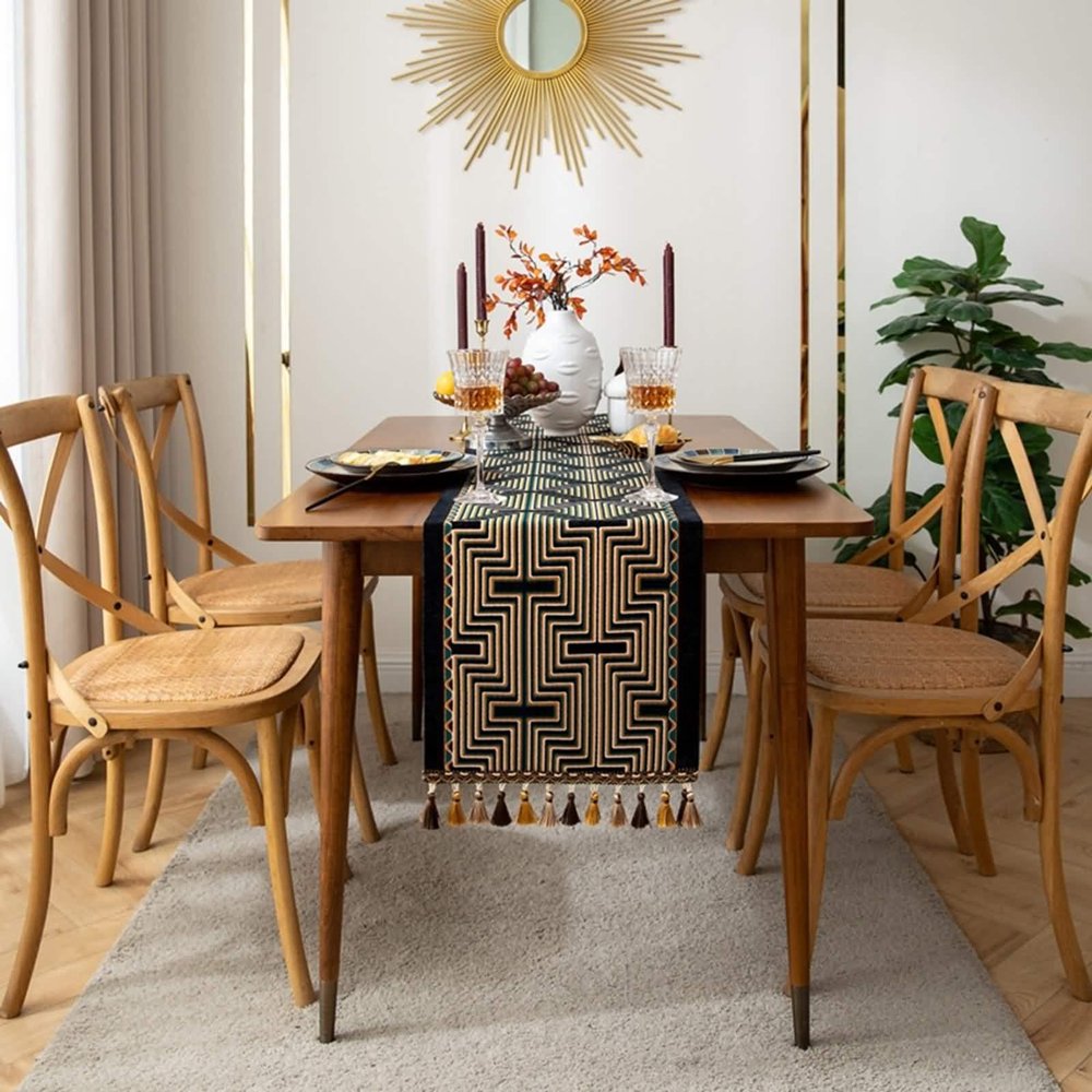 Stfery Black Fall Table Runner, Boho Geometric Lines, Tassel, 35 x 140 cm