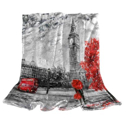 Plush Blanket, Nap Blanket, Warm Cozy Soft Microfiber, London Big Ben Bus Landscape Retro Romantic