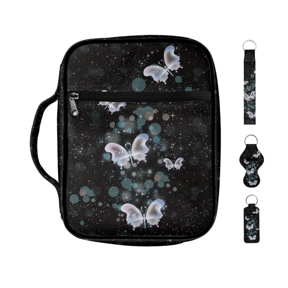 Xoenoiee Butterfly-Printed Bible Cover with Keychain and Chapstick Holders, Black