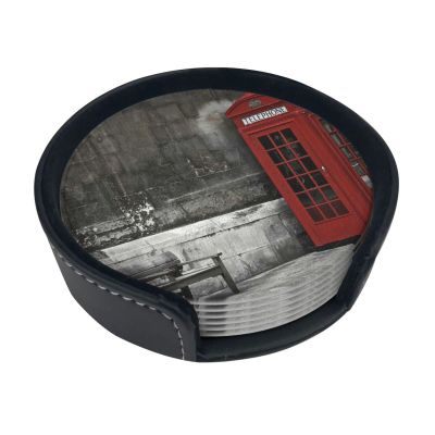 Round Leather Coasters with British Phone Box, 6-Pack