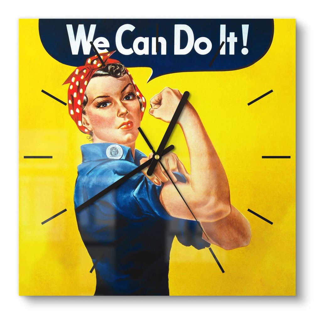 DEQORI Glass Wall Clock | 30 x 30 cm | Rosie the Riveter Design | Quiet Modern Clock