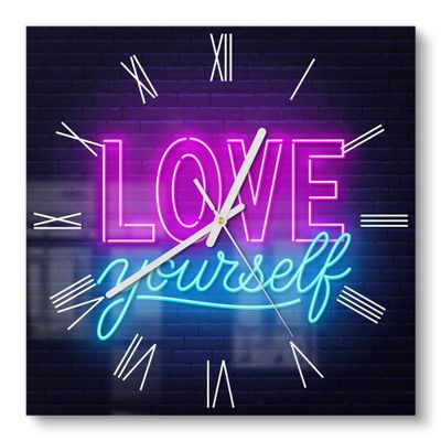 DEQORI Glass Wall Clock, 30 x 30 cm, Neon “Self-Love” Design