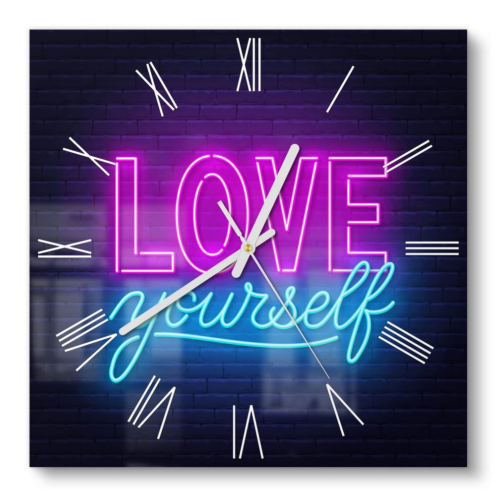 DEQORI Glass Wall Clock, 30 x 30 cm, Neon “Self-Love” Design