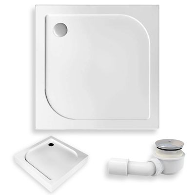 BADLAND Tenor Square Shower Tray 80 x 80 x 3 x 14 cm, Acrylic, White, with 50 mm Waste Set and Feet