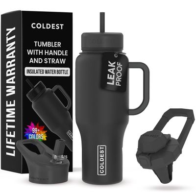 Coldest Tumbler with Handle and Straw, 100% Leakproof Insulated Stainless Steel Tumbler with Lid and Straw, 3 Lids, Cup Holder-Friendly Base, 1,020 ml
