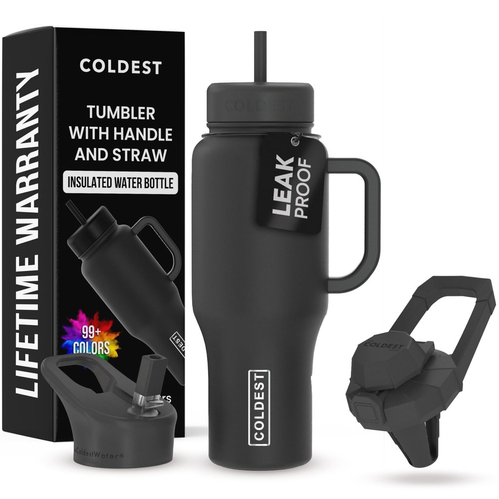 Coldest Tumbler with Handle and Straw, 100% Leakproof Insulated Stainless Steel Tumbler with Lid and Straw, 3 Lids, Cup Holder-Friendly Base, 1,020 ml