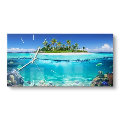DEQORI Glass Wall Clock | Vertical 60 x 30 cm | Island in Tropical Sea Design | Large XXL Glass Design Clock | Silent Wall Clock for Living Room & Kitchen | Modern Wall Accent