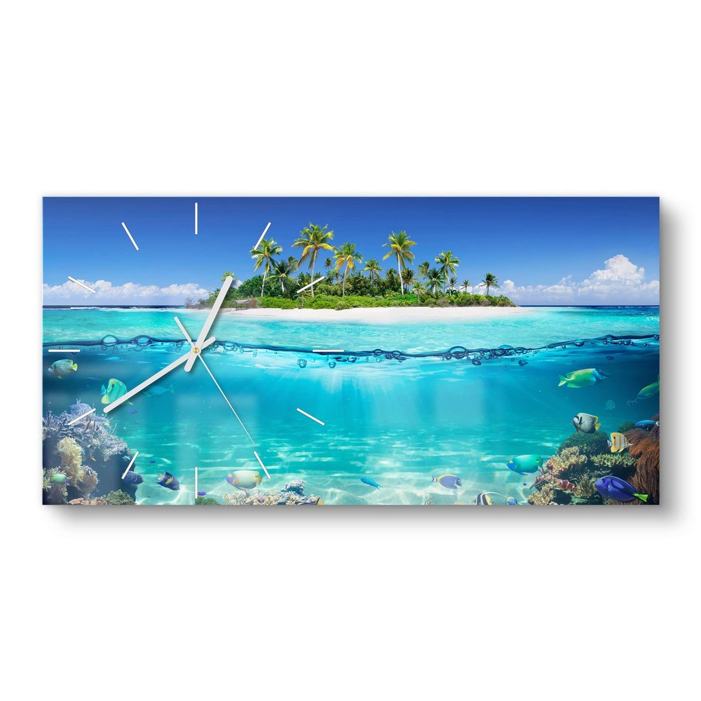 DEQORI Glass Wall Clock | Vertical 60 x 30 cm | Island in Tropical Sea Design | Large XXL Glass Design Clock | Silent Wall Clock for Living Room & Kitchen | Modern Wall Accent