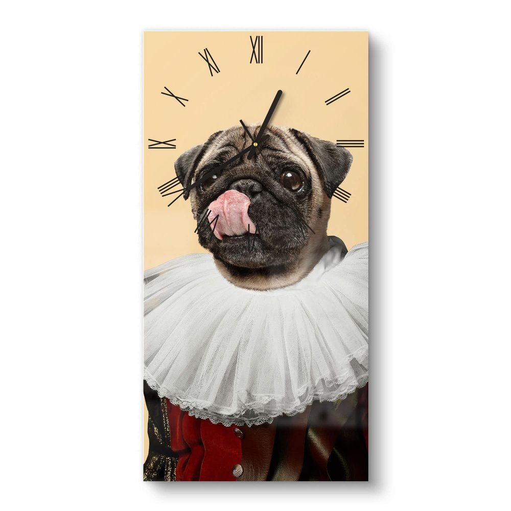 DEQORI Glass Wall Clock | Horizontal 30 x 60 cm | Aristocratic Dogs Design | XXL Silent Clock for Living Room & Kitchen