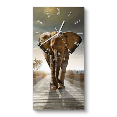 DEQORI Glass Wall Clock, Horizontal 30 x 60 cm, Elephant on Asphalt, XXL Design