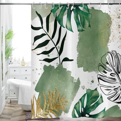 Hnmdmyi Boho Shower Curtain, 180 x 240 cm, Abstract Green Tropical Leaves