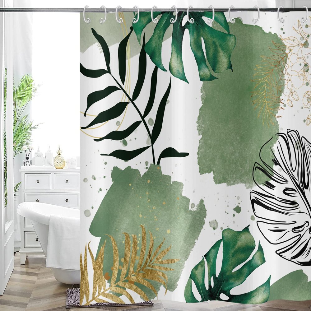 Hnmdmyi Boho Shower Curtain, 180 x 240 cm, Abstract Green Tropical Leaves