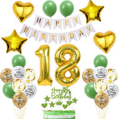 18th Birthday Decorations for Girls, Green and Gold Balloon Set with 18th Cake Toppers