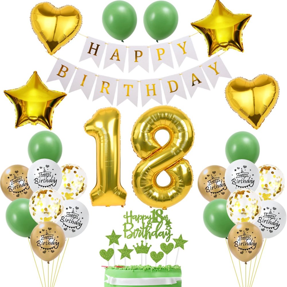 18th Birthday Decorations for Girls, Green and Gold Balloon Set with 18th Cake Toppers