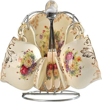 Pastoral Rose Bone China Tea Cup and Saucer Spoon Set, European Porcelain Coffee Cup, 200 ml, with Rack, A