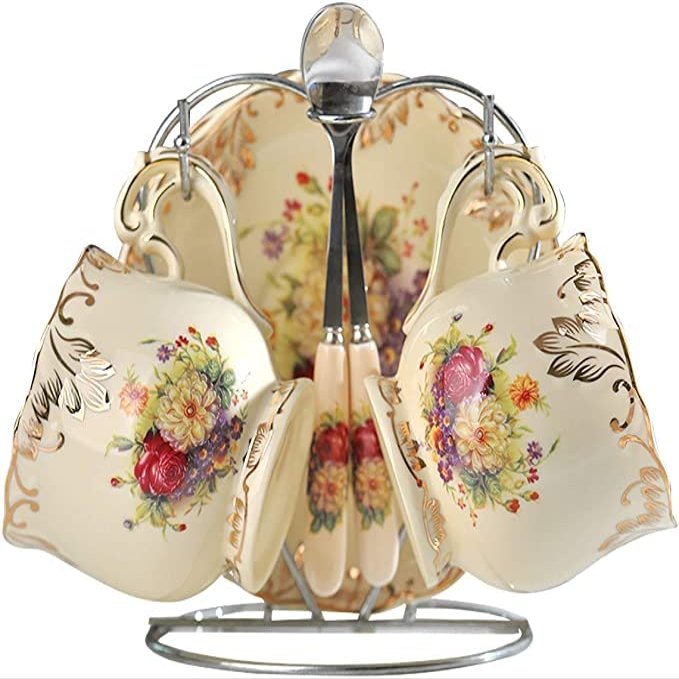 Pastoral Rose Bone China Tea Cup and Saucer Spoon Set, European Porcelain Coffee Cup, 200 ml, with Rack, A