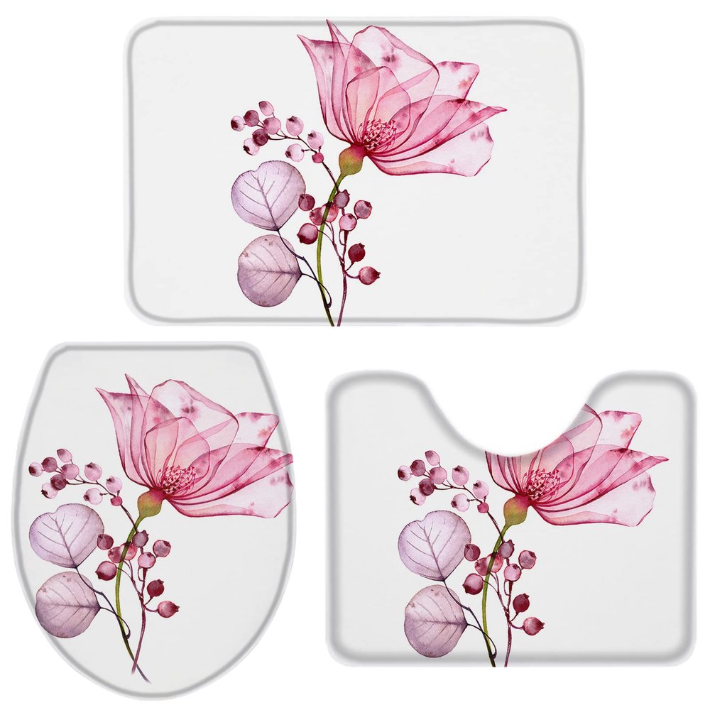 3-Piece Pink Floral Bathroom Mat Set