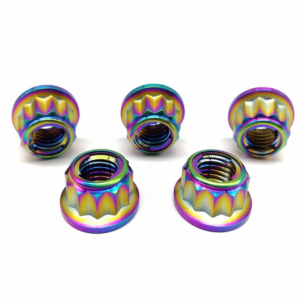 RISON Titanium M6 x 1.0 mm 12-Point Sprocket Flange Locknuts, Iridescent, 5-Pack