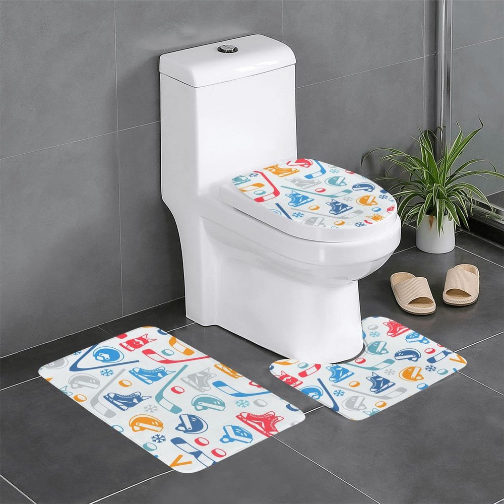 BAHLTS Hockey Elements Creative Printed Bathroom Rug Set, 3 Pieces, Absorbent and Non-Slip, Easy-Care
