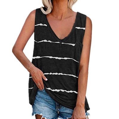 CGGMVCG Women's Tank Top, Trendy V-Neck Striped Printed Vest T-Shirt, Sleeveless, Black, L