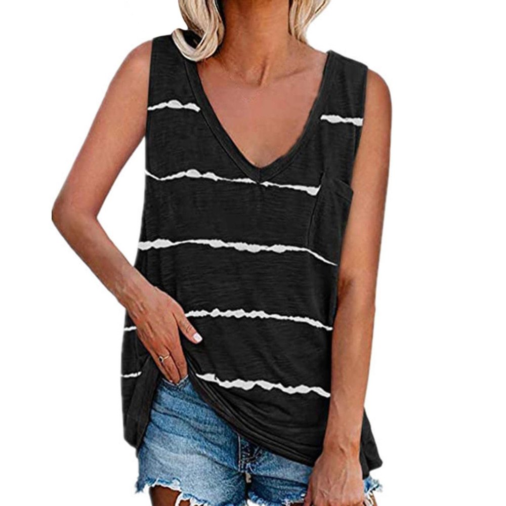 CGGMVCG Women's Tank Top, Trendy V-Neck Striped Printed Vest T-Shirt, Sleeveless, Black, L