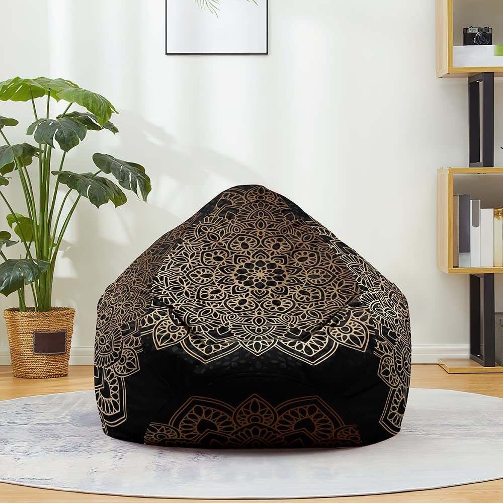 Highdi Bean Bag Chair Cover for Kids & Adults, Unfilled, Black Mandala, L 90 x 110 cm