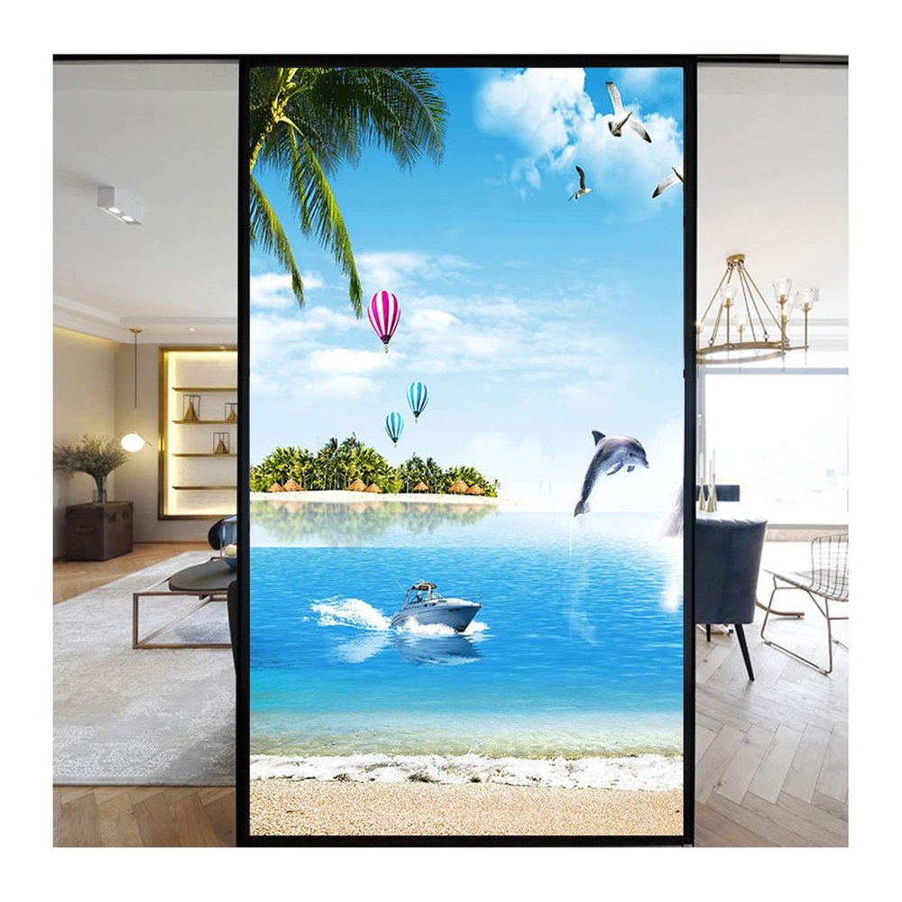 Siunwdiy Exotic Beach Vivid Sky Frosted Privacy Window Film, 90 x 180 cm