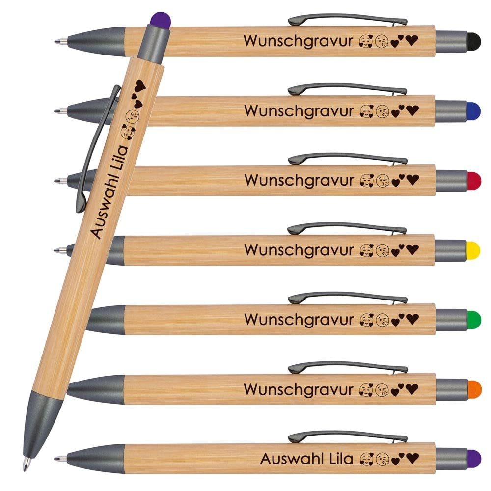 Juwelier Schnschmied 10 Wooden Ballpoint Pens with Touch Function and Engraving | Custom Engraving with Emojis Possible | Personalized Promotional Pens (Purple)