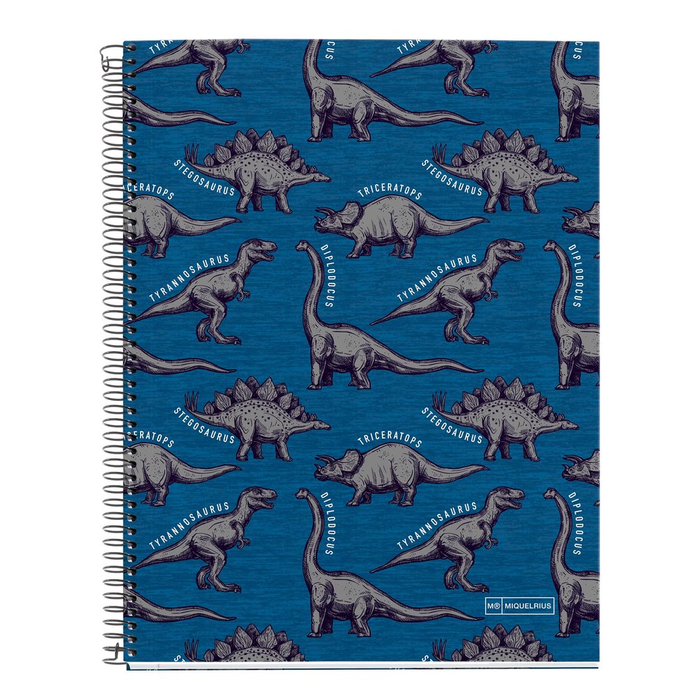 Miquelrius A4 Notebook, 4 Color Bands, 140 Sheets, 7 mm Ruled, 4-Hole, Microperforated, Hardcover, Wild Dino