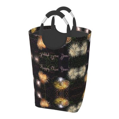 Happy New Year Freestanding Foldable Laundry Basket with Handles, Storage Basket for Office, Bedroom, Clothing and Toys (50 L)