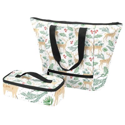 Large Holly and Deer Tote Bag with Insulated Lunch Bag, Multicolor, One Size