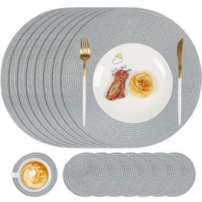 famibay Round Woven Placemats and Coasters, 8-Piece Set, Gray