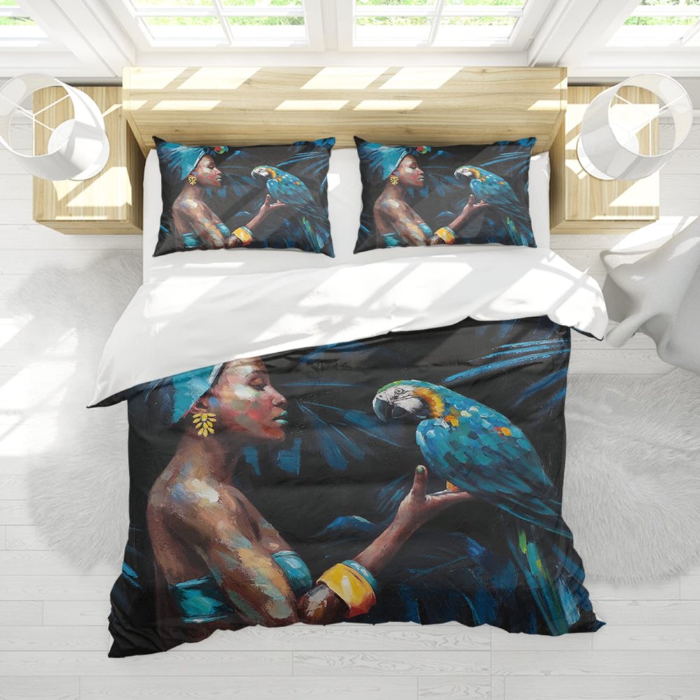 SAISEMIHOME Parrot Black Woman Blue Queen Duvet Cover Set, 240 x 220 cm