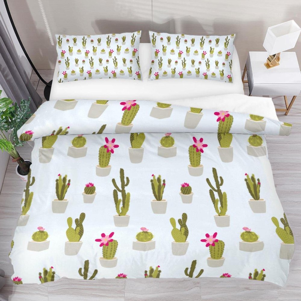 3-Piece Queen Duvet Cover Set, Breathable Tencel with 2 Pillowcases, Cactus Pattern